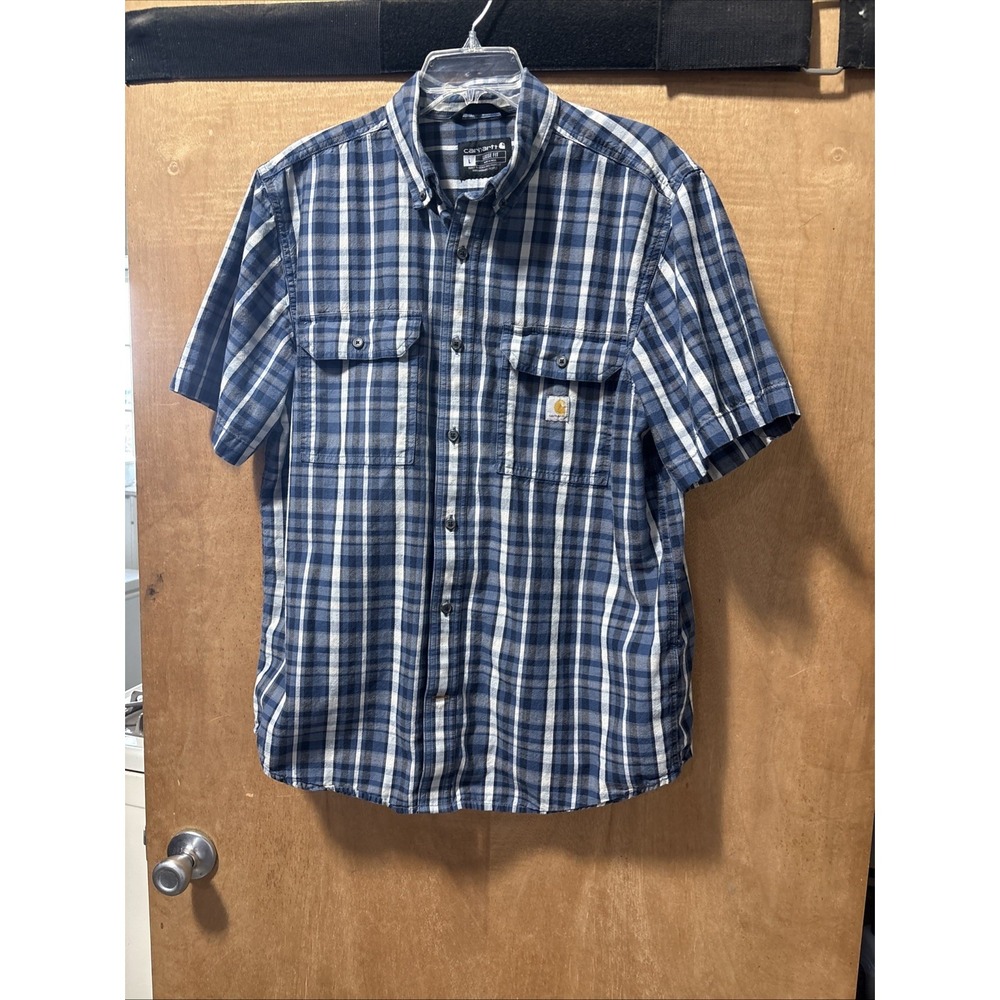 Carhartt 14806 Loose‎ Fit Midweight Short Sleeve Plaid Shirt Navy Men's Medium L